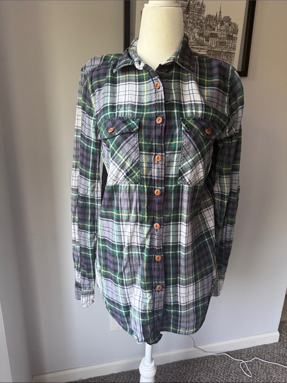 J. Crew Tall Flannel Green White Plaid Button-Down Shirt with Wood-Tone Buttons